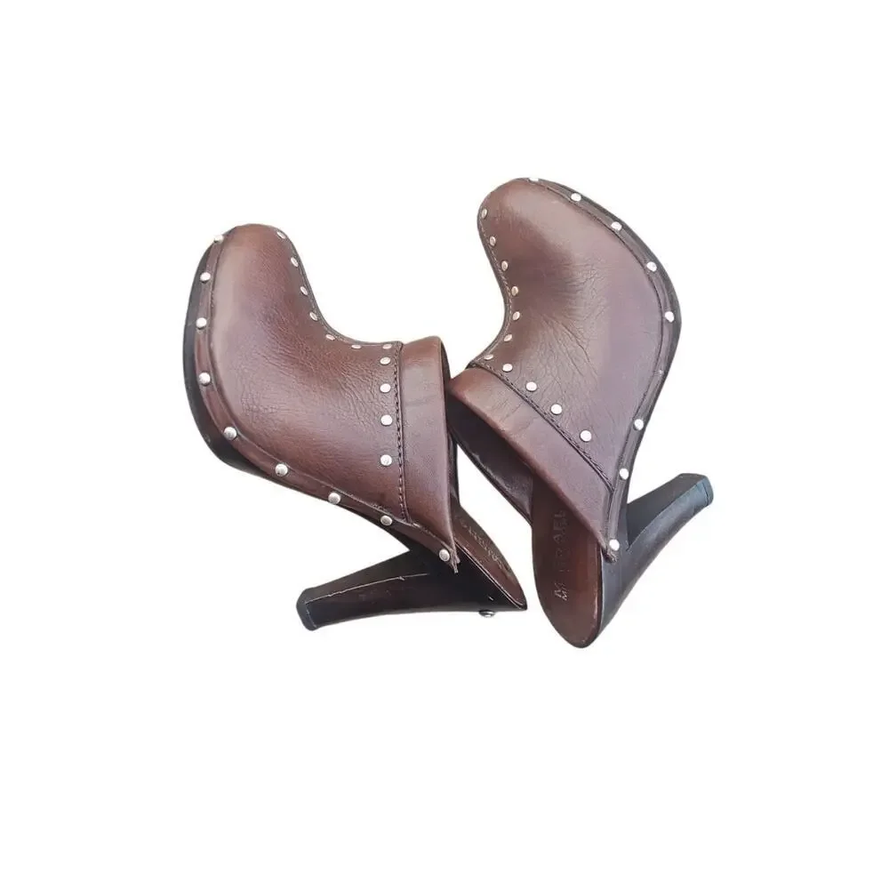 MICHAEL KORS Clogs ASTOR Heels Brown w Silver Studs MK Slip On US 6 $215